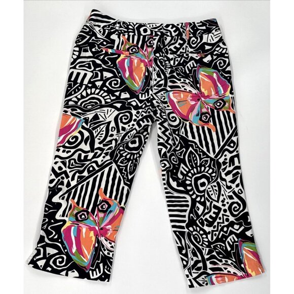 Nouveau Capri Pants Womens 12 Black Stretch Colorful Butterfly Art Geometric 90s - Picture 2 of 10